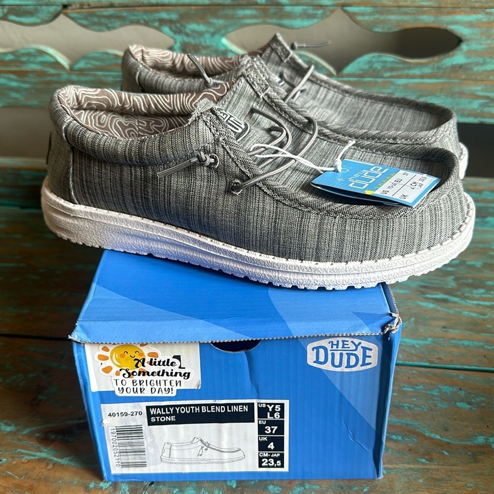 Hey Dude Wally Size 5 Youth Blend Linen 40159-270 Casual Kids Slip-on Shoes